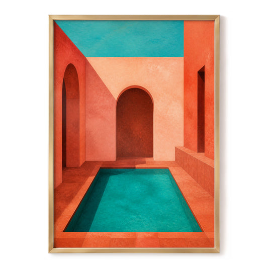 Terracotta Sanctuary, orange, green, pink minimalist wall art, front artwork view