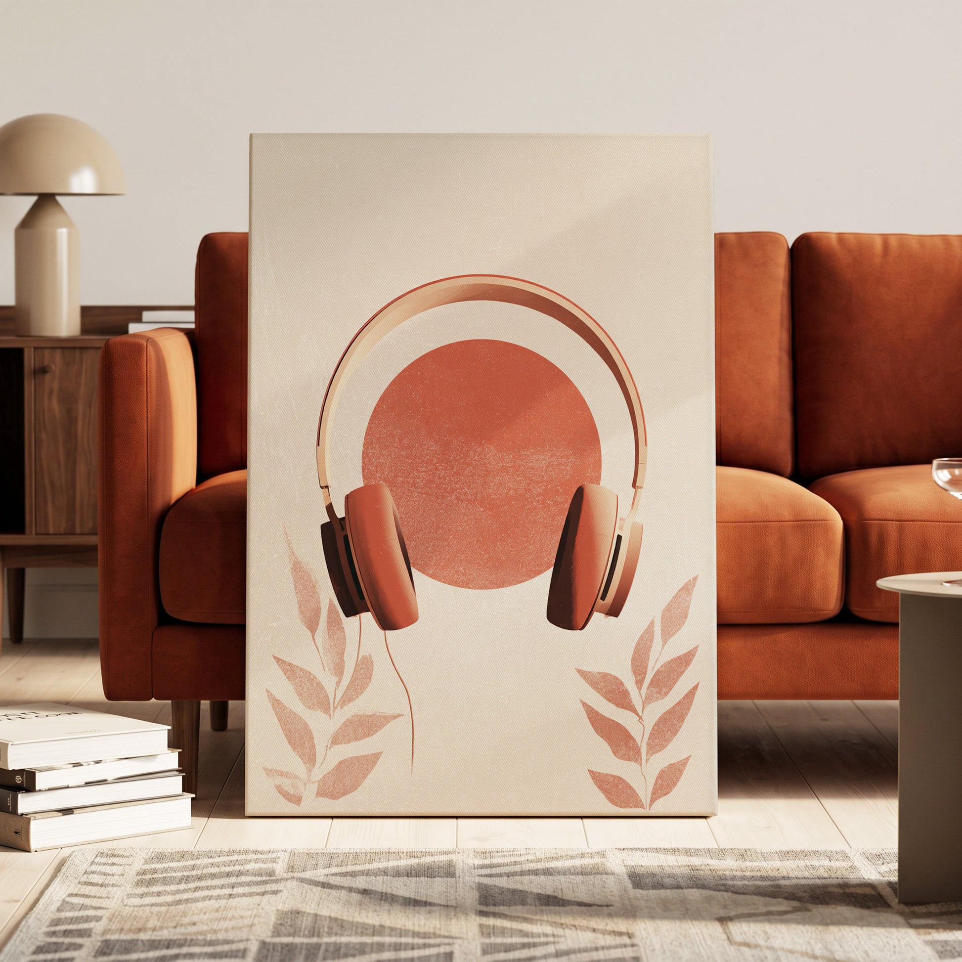 Terracotta Sound, beige, orange, red minimalist wall art on canvas displayed in a styled interior, gallery view 1