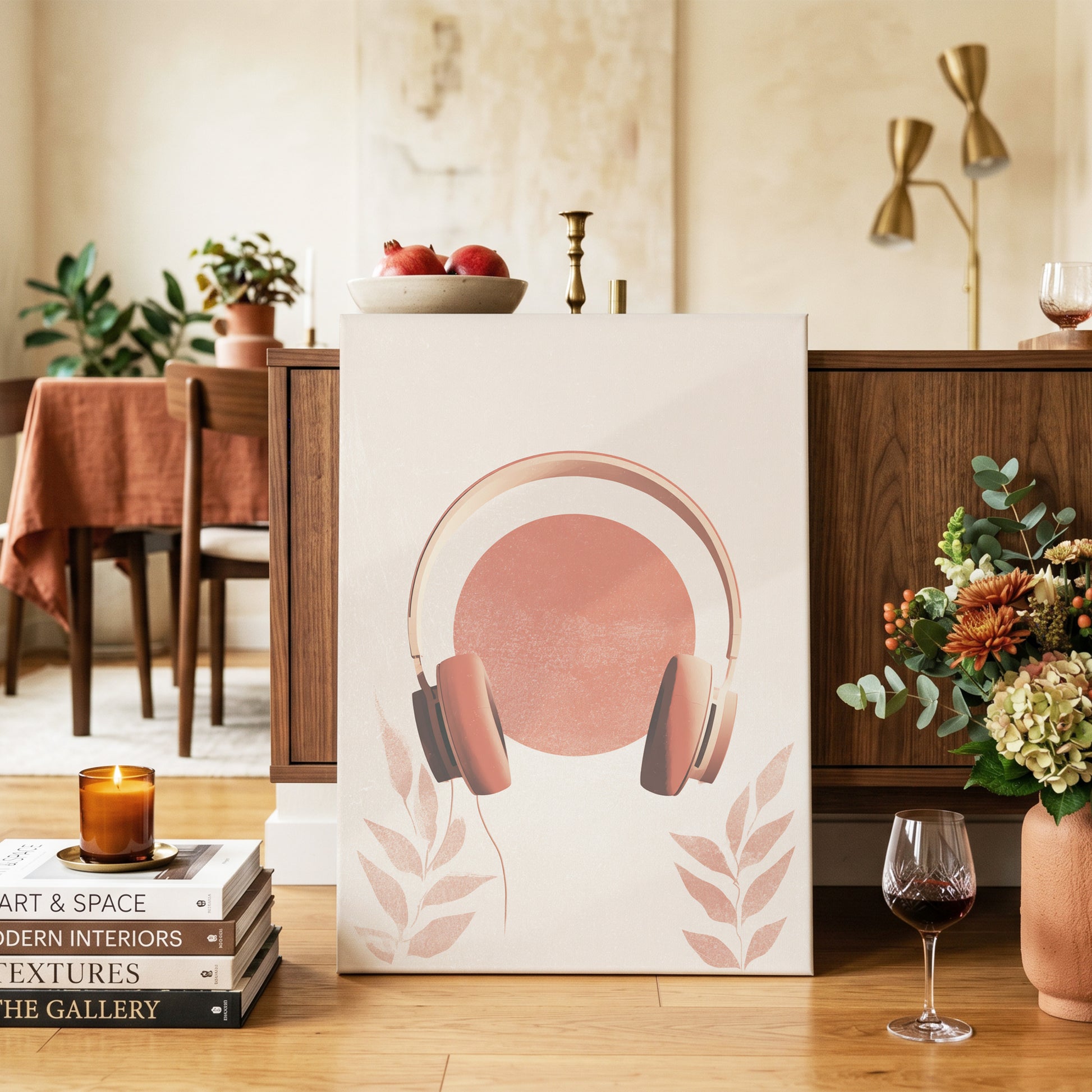 Terracotta Sound, beige, orange, red minimalist wall art on canvas displayed in a styled interior, gallery view 2