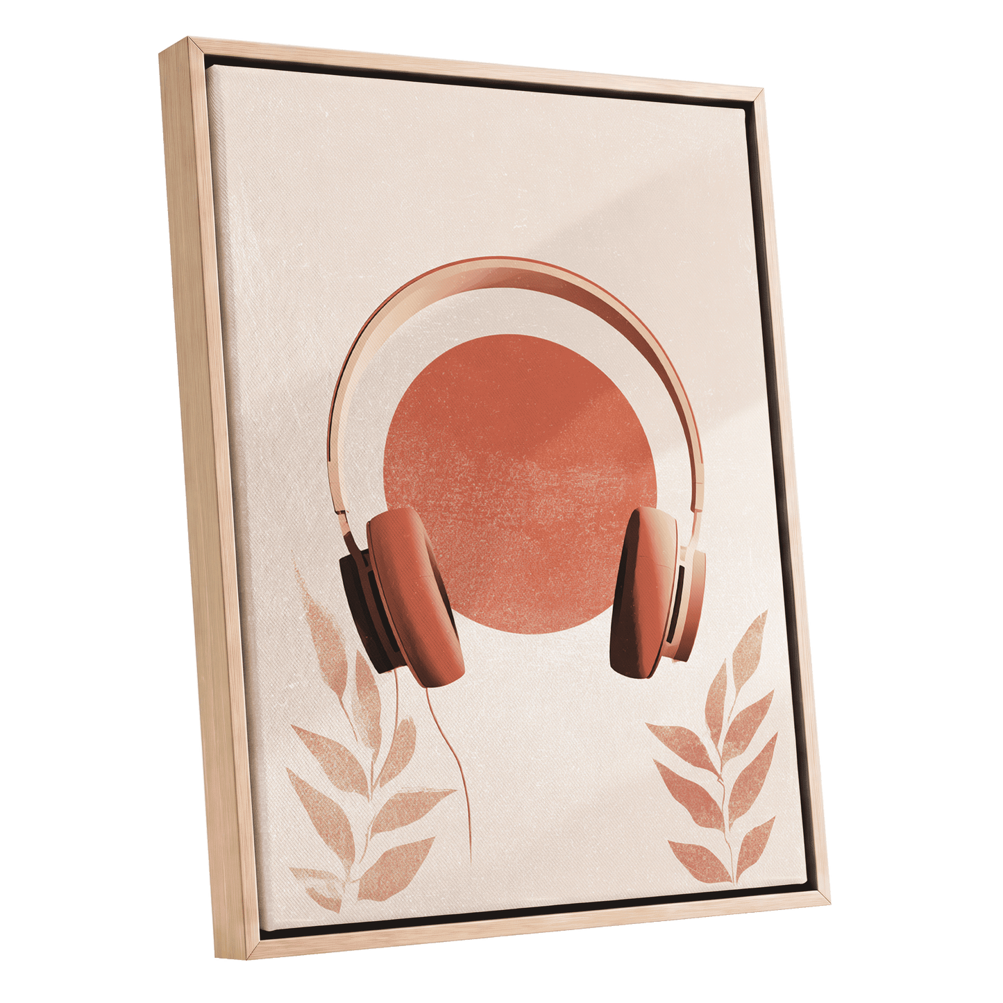 Terracotta Sound, beige, orange, red minimalist wall art shown as a oak framed canvas wall art