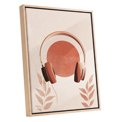 Terracotta Sound, beige, orange, red minimalist wall art shown as a oak framed canvas wall art