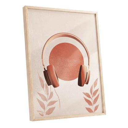Terracotta Sound, beige, orange, red minimalist wall art shown as a oak framed poster wall art print
