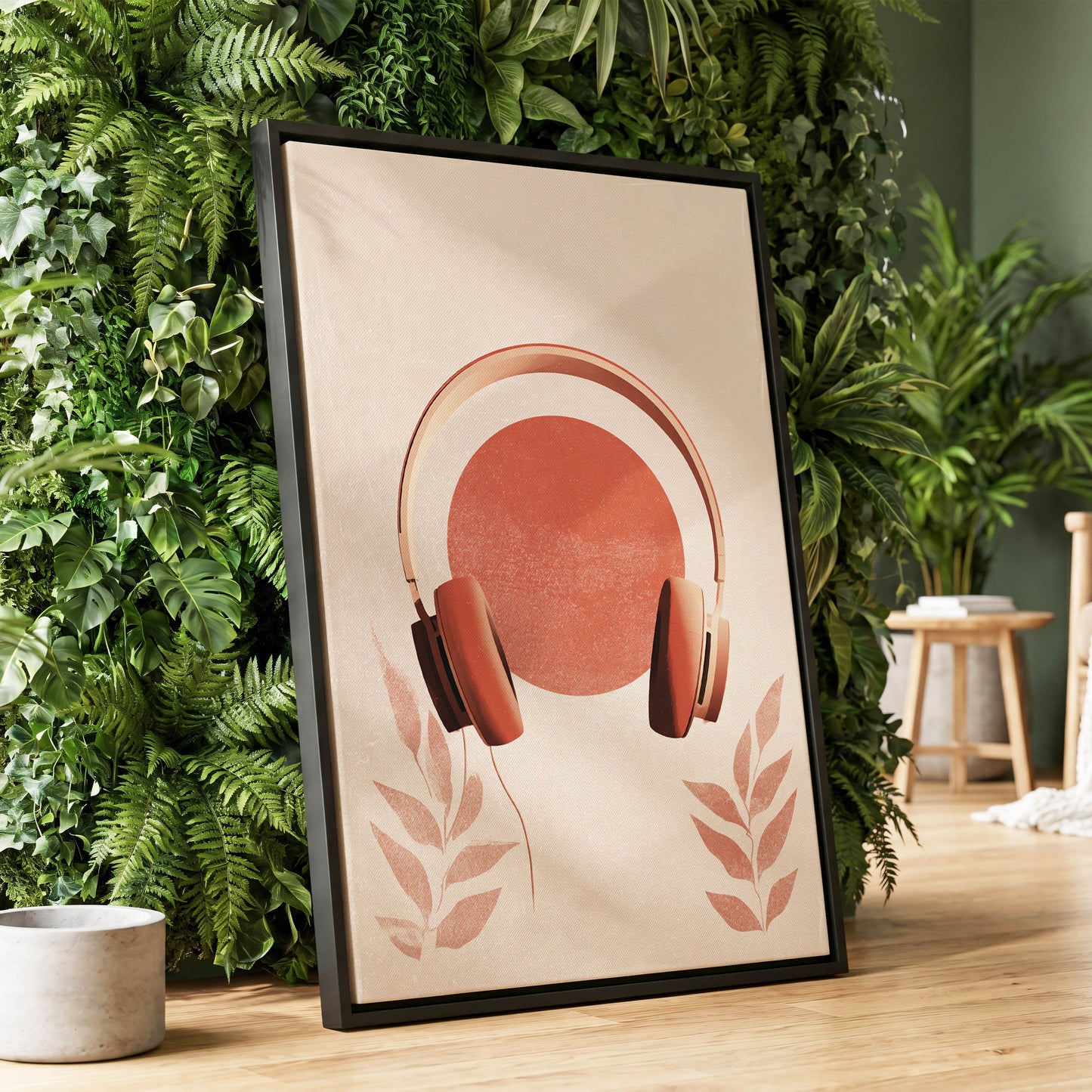 Terracotta Sound, beige, orange, red minimalist wall art displayed in a styled interior, gallery view 1