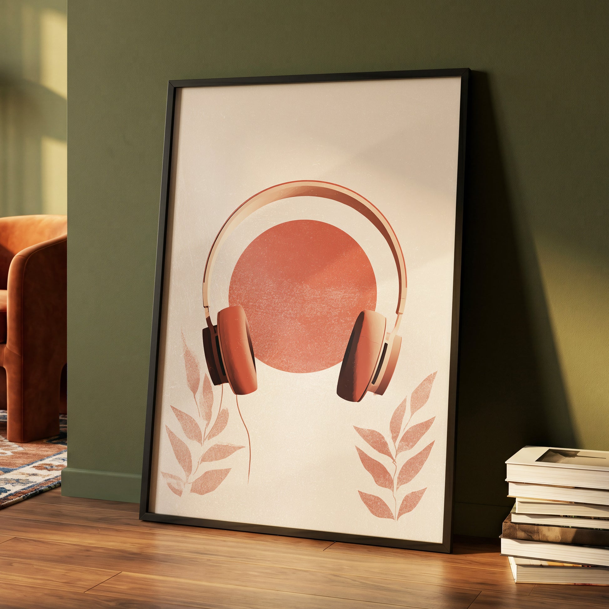 Terracotta Sound, beige, orange, red minimalist wall art displayed in a styled interior, gallery view 4