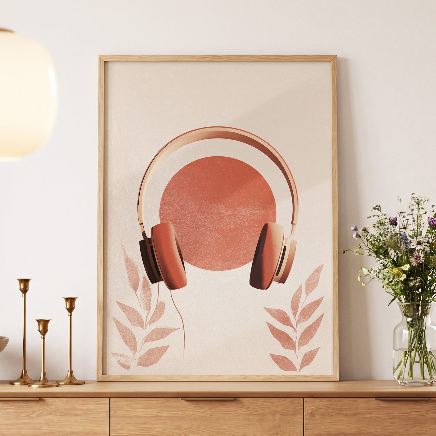 Terracotta Sound, beige, orange, red minimalist wall art displayed in a styled interior, gallery view 5