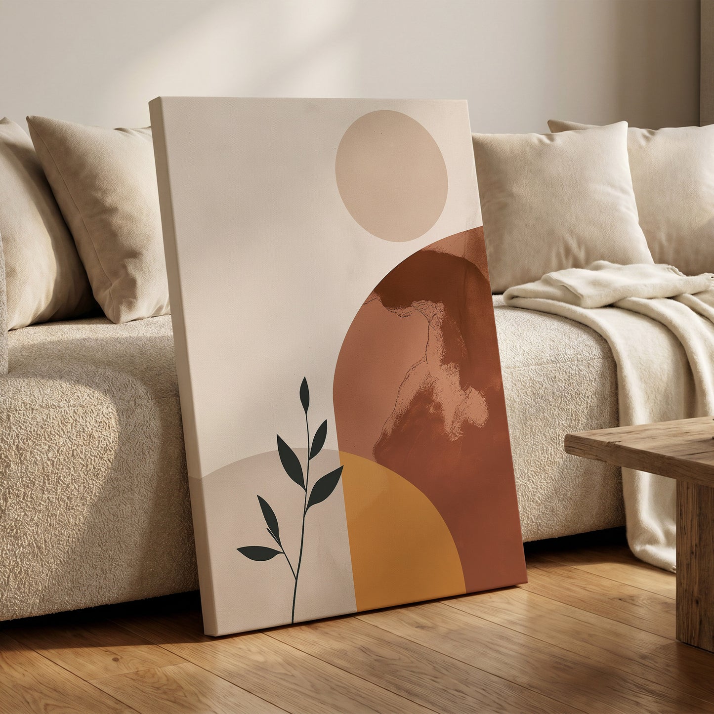 Terracotta Stillness, beige, brown, orange nature wall art on canvas displayed in a styled interior, gallery view 1