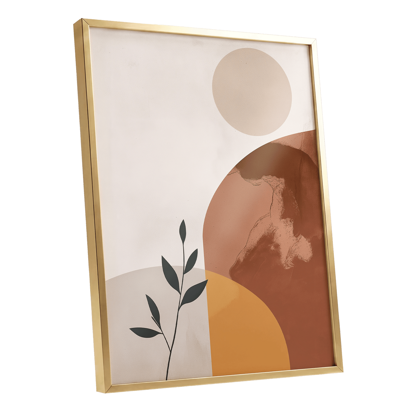 Terracotta Stillness, beige, brown, orange nature wall art shown as a gold framed poster wall art print