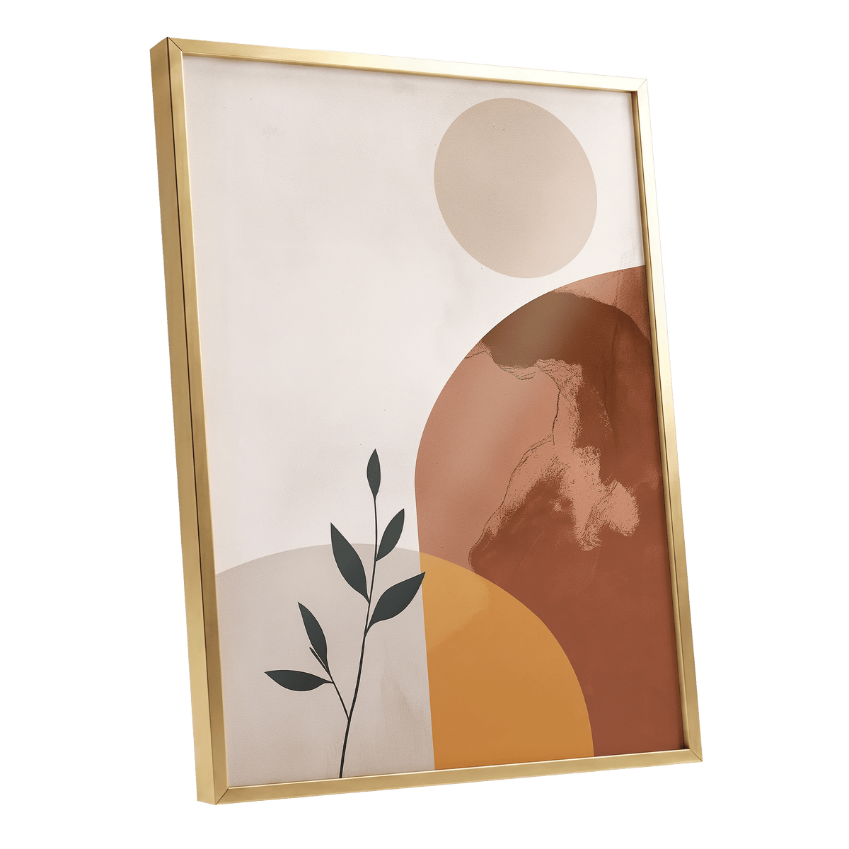 Terracotta Stillness, beige, brown, orange nature wall art shown as a gold framed poster wall art print