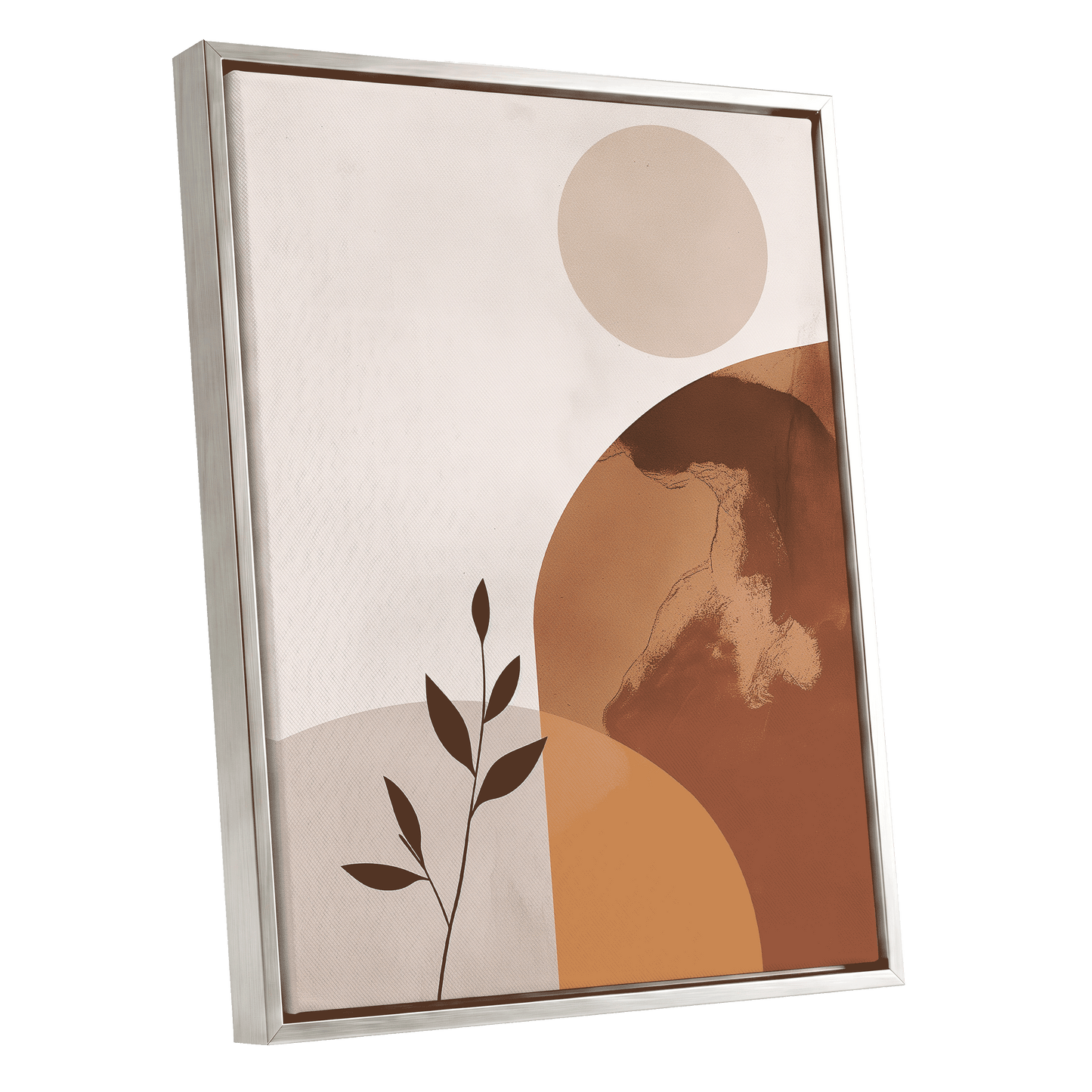 Terracotta Stillness, beige, brown, orange nature wall art shown as a silver framed canvas wall art