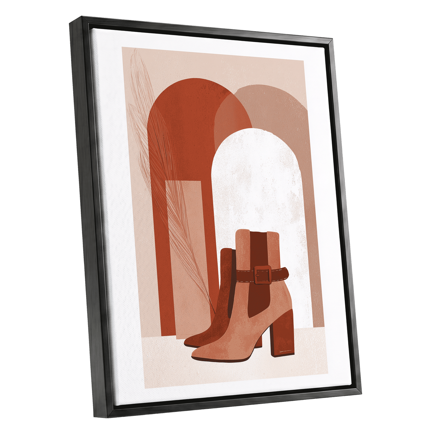 Terracotta Stride, beige, brown, orange minimalist wall art shown as a black framed canvas wall art