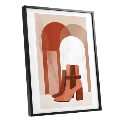 Terracotta Stride, beige, brown, orange minimalist wall art shown as a black framed poster wall art print