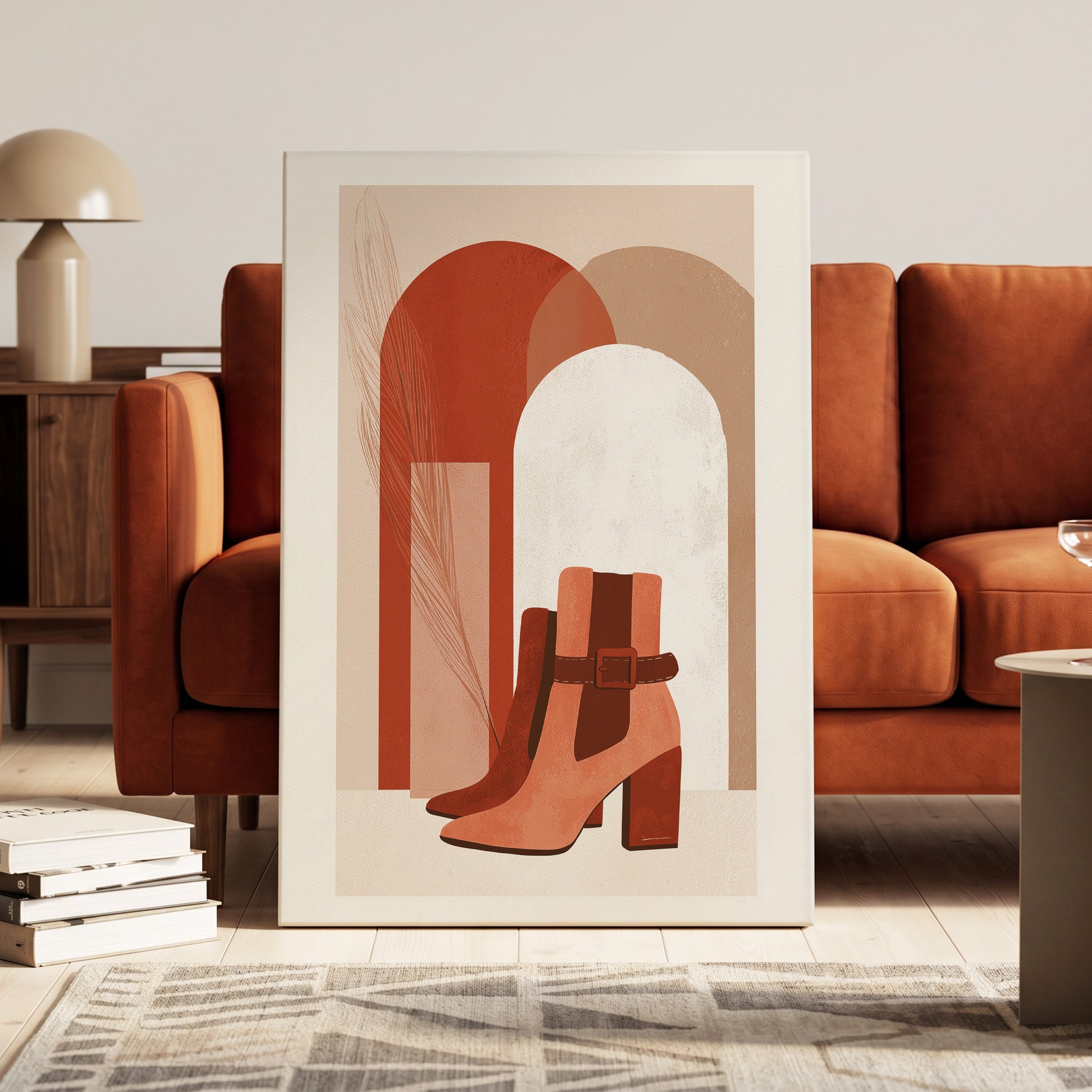 Terracotta Stride, beige, brown, orange minimalist wall art on canvas displayed in a styled interior, gallery view 1