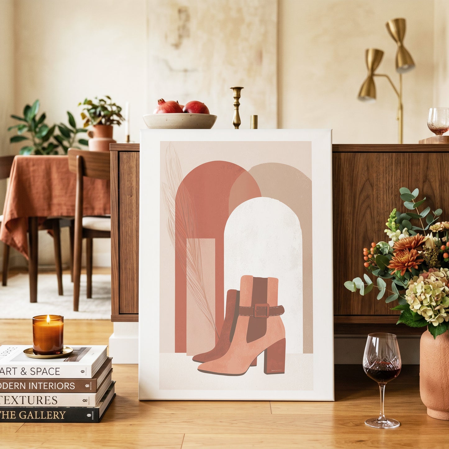 Terracotta Stride, beige, brown, orange minimalist wall art on canvas displayed in a styled interior, gallery view 2