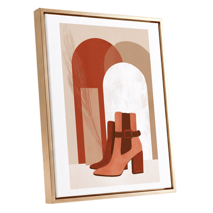 Terracotta Stride, beige, brown, orange minimalist wall art shown as a gold framed canvas wall art