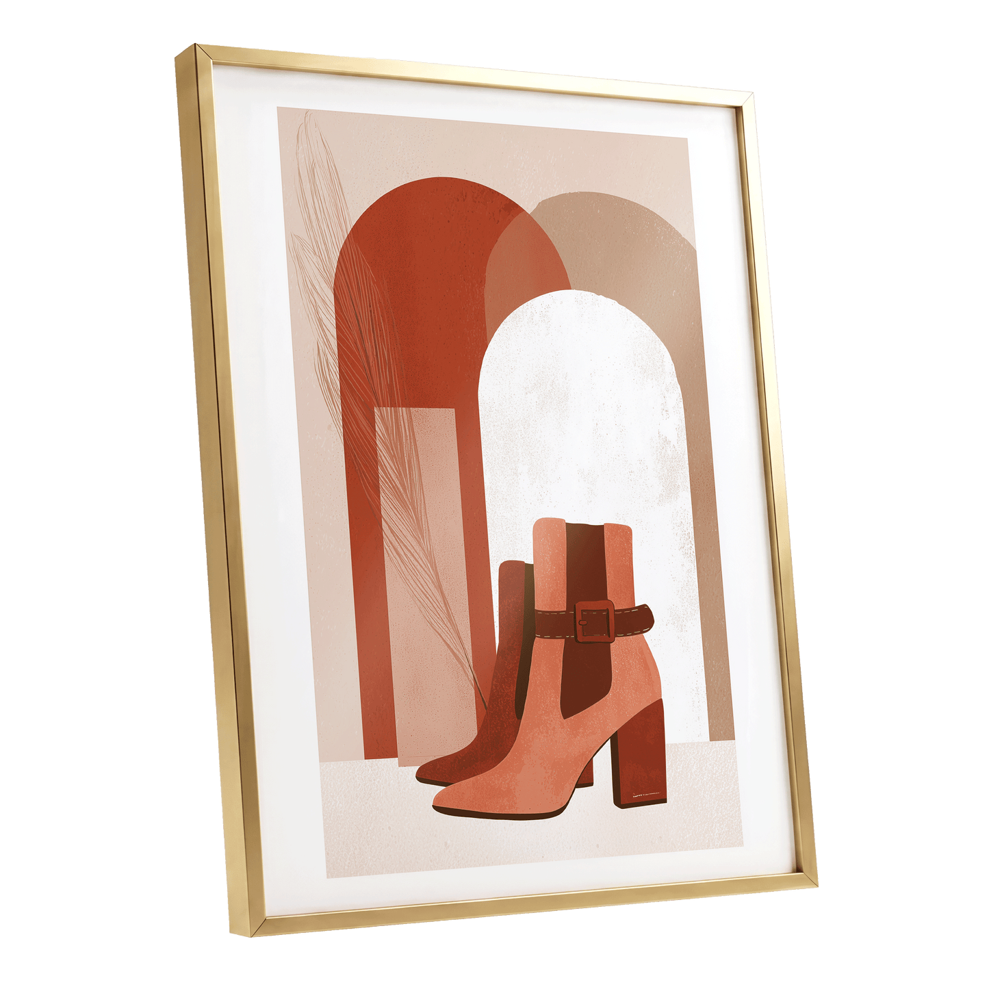 Terracotta Stride, beige, brown, orange minimalist wall art shown as a gold framed poster wall art print