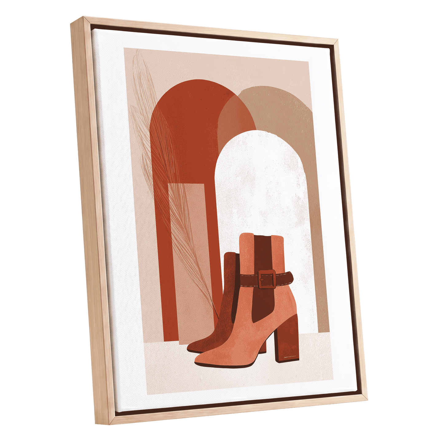 Terracotta Stride, beige, brown, orange minimalist wall art shown as a oak framed canvas wall art