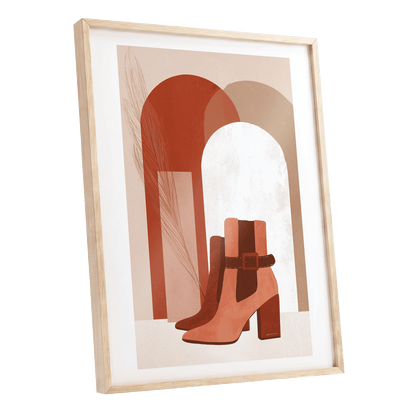 Terracotta Stride, beige, brown, orange minimalist wall art shown as a oak framed poster wall art print