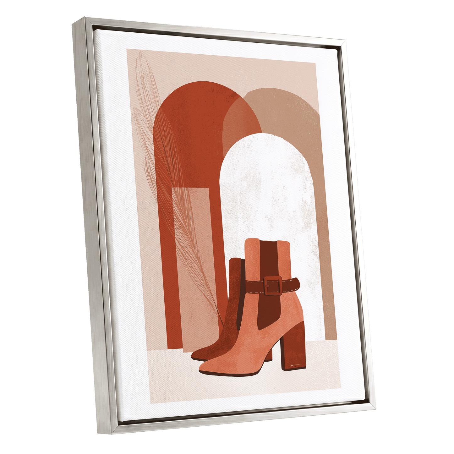 Terracotta Stride, beige, brown, orange minimalist wall art shown as a silver framed canvas wall art
