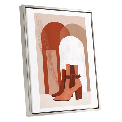 Terracotta Stride, beige, brown, orange minimalist wall art shown as a silver framed canvas wall art