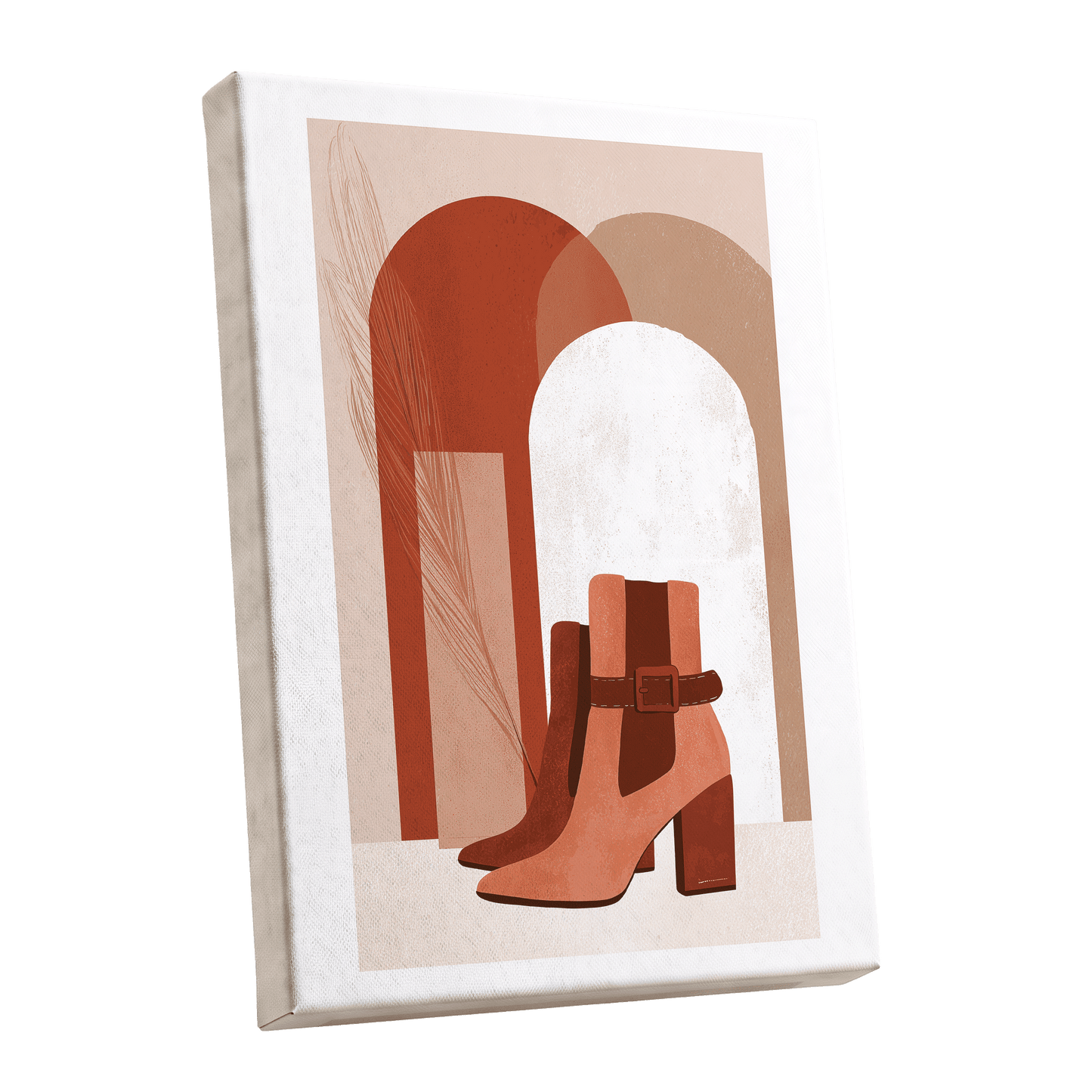 Terracotta Stride, beige, brown, orange minimalist wall art shown as a stretched canvas wall art