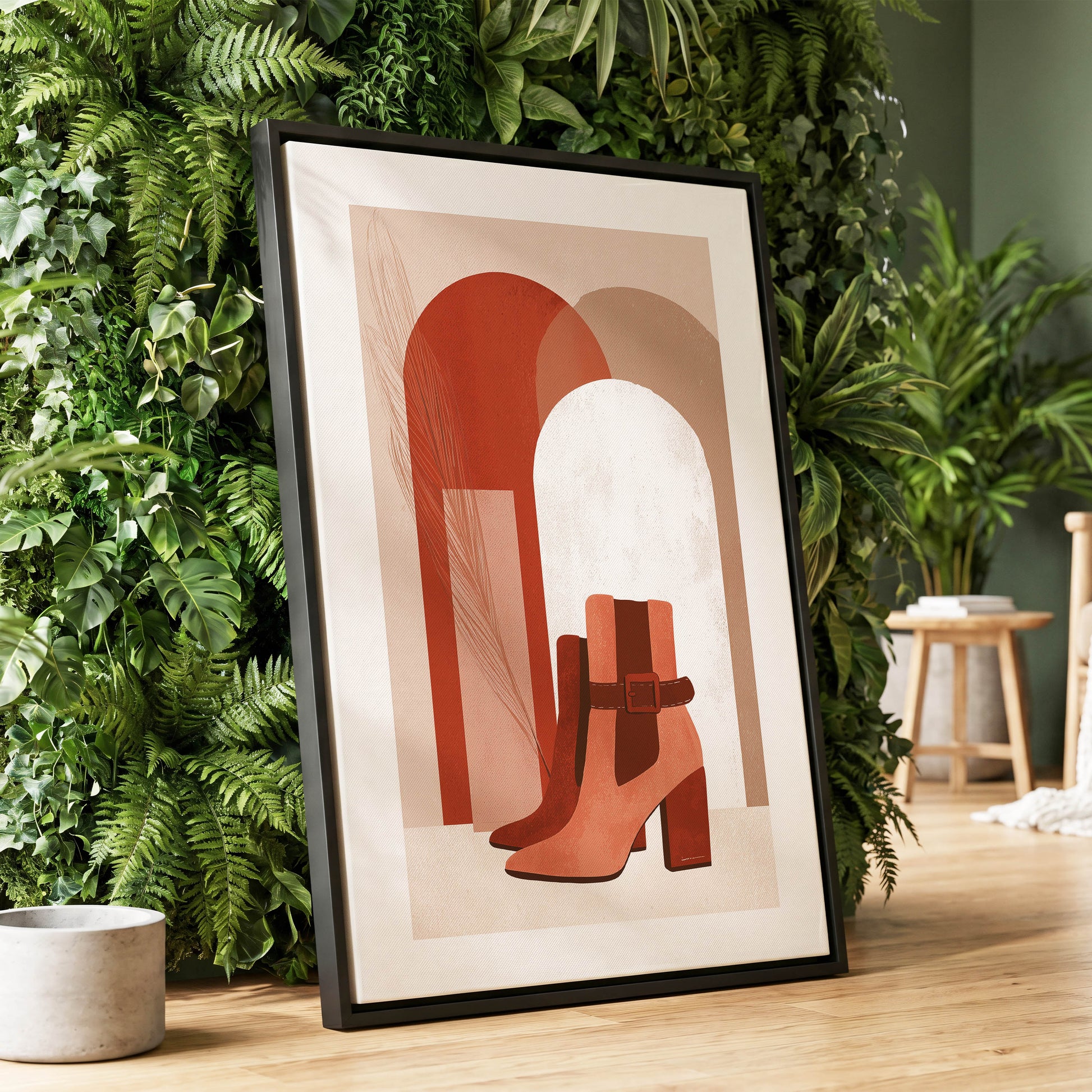 Terracotta Stride, beige, brown, orange minimalist wall art displayed in a styled interior, gallery view 1