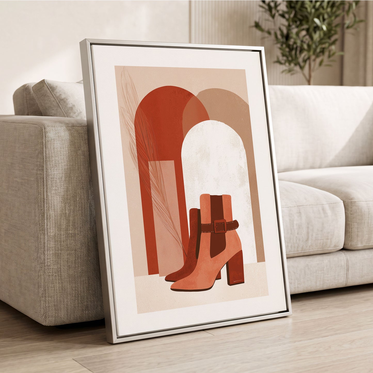 Terracotta Stride, beige, brown, orange minimalist wall art displayed in a styled interior, gallery view 2