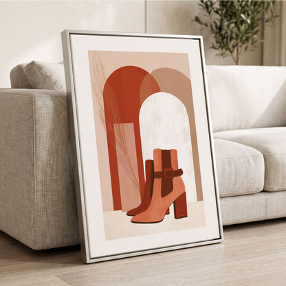 Terracotta Stride, beige, brown, orange minimalist wall art displayed in a styled interior, gallery view 2
