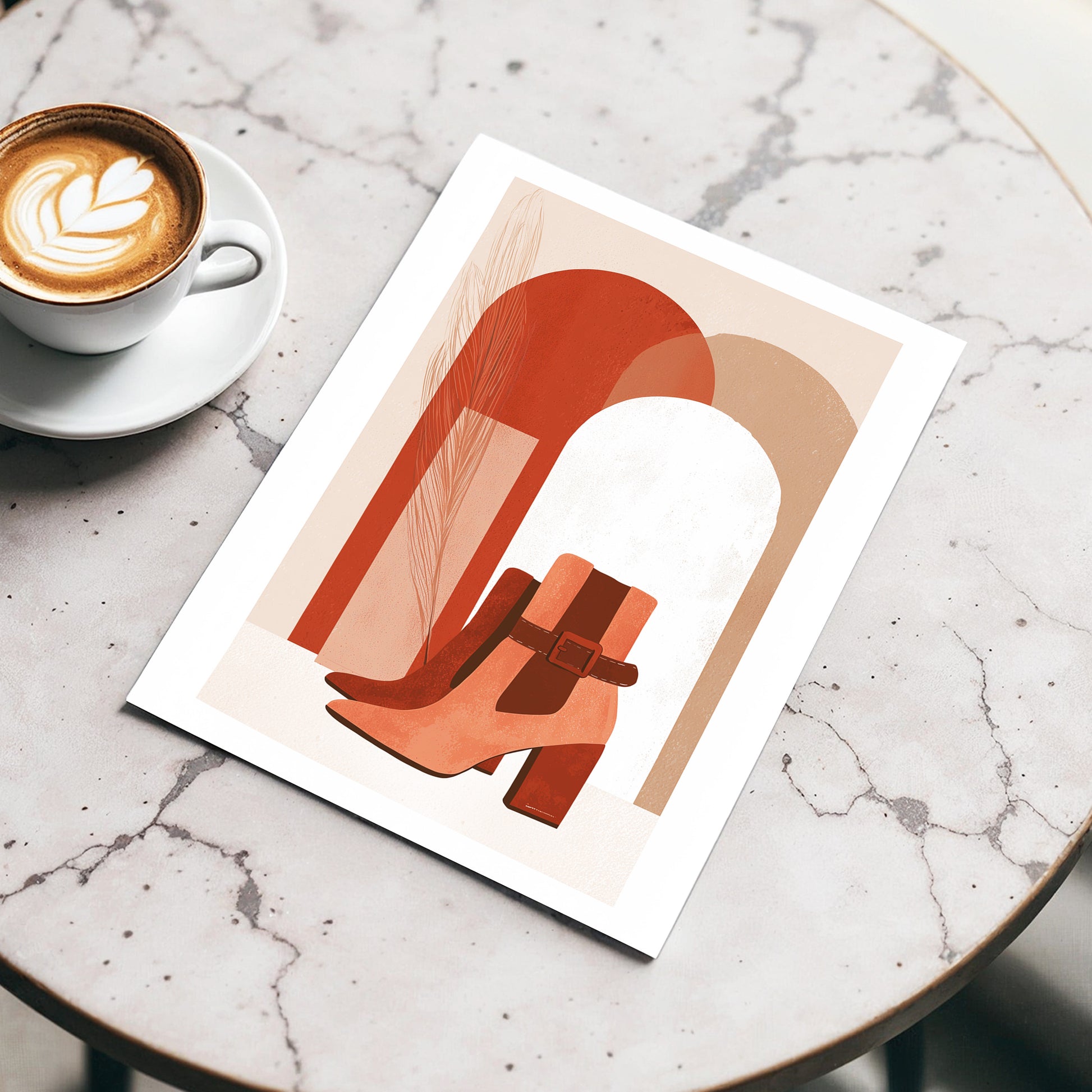 Terracotta Stride, beige, brown, orange minimalist wall art displayed in a styled interior, gallery view 3