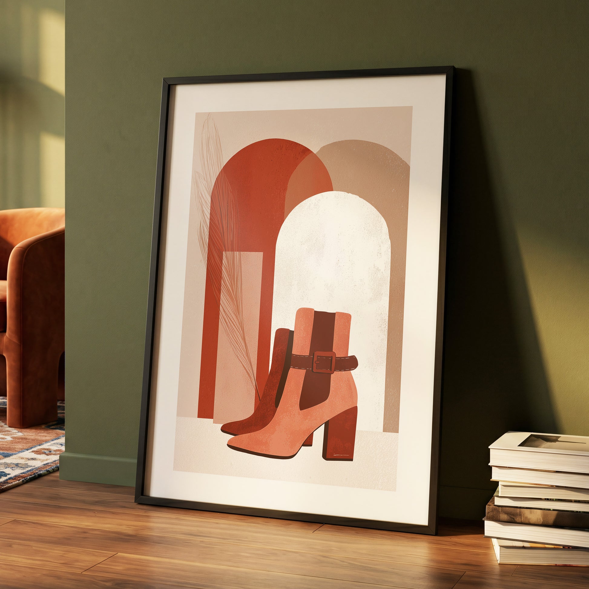 Terracotta Stride, beige, brown, orange minimalist wall art displayed in a styled interior, gallery view 4