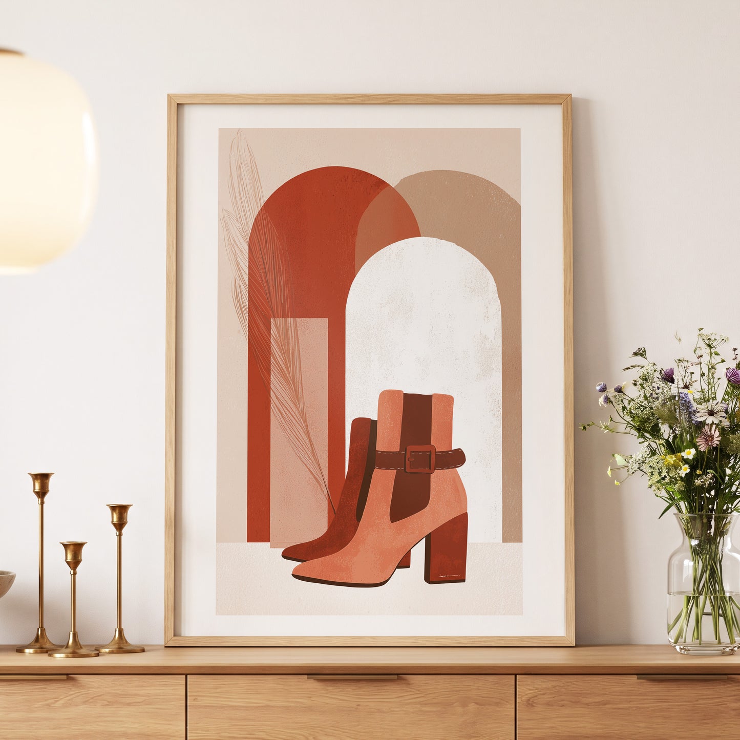 Terracotta Stride, beige, brown, orange minimalist wall art displayed in a styled interior, gallery view 5