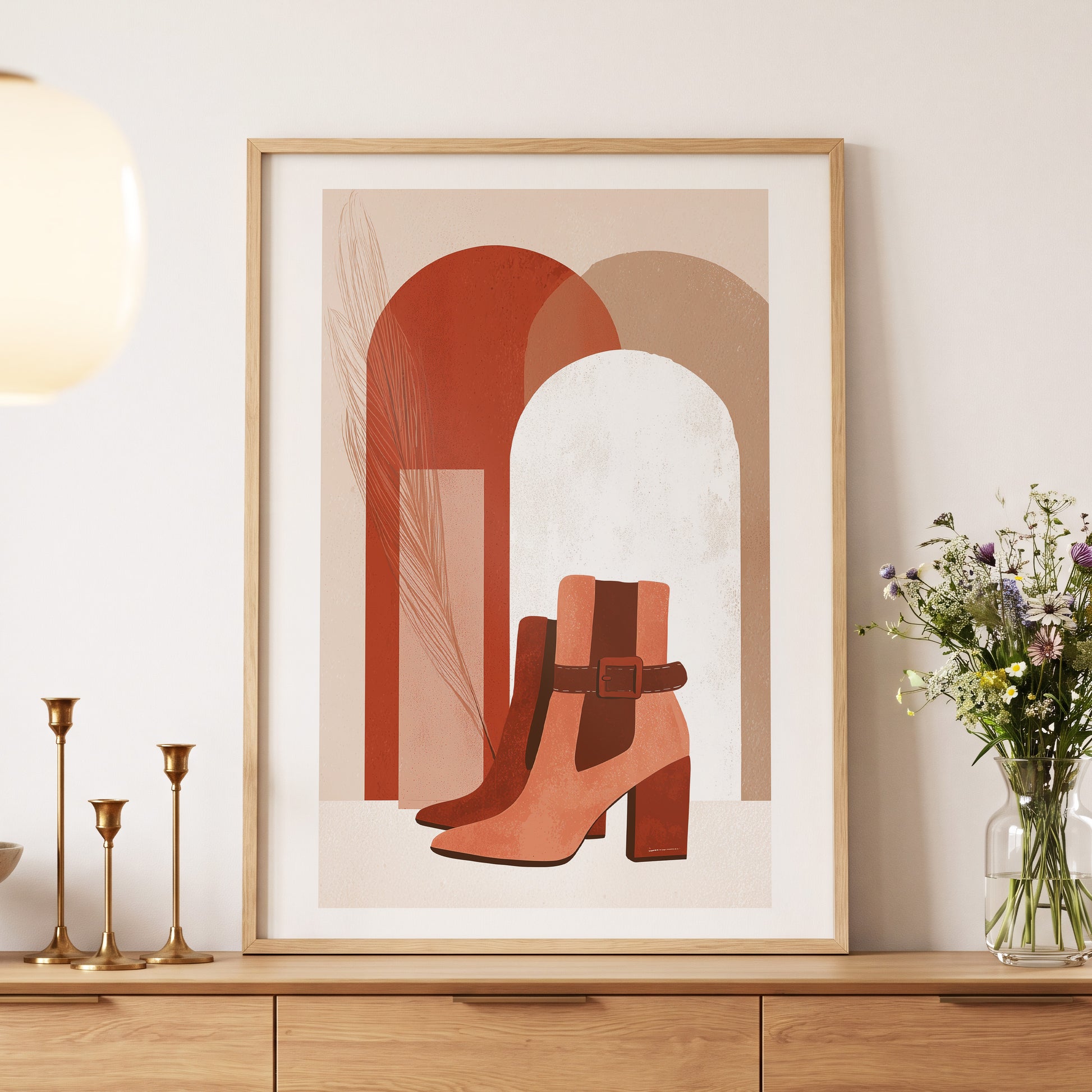 Terracotta Stride, beige, brown, orange minimalist wall art displayed in a styled interior, gallery view 5