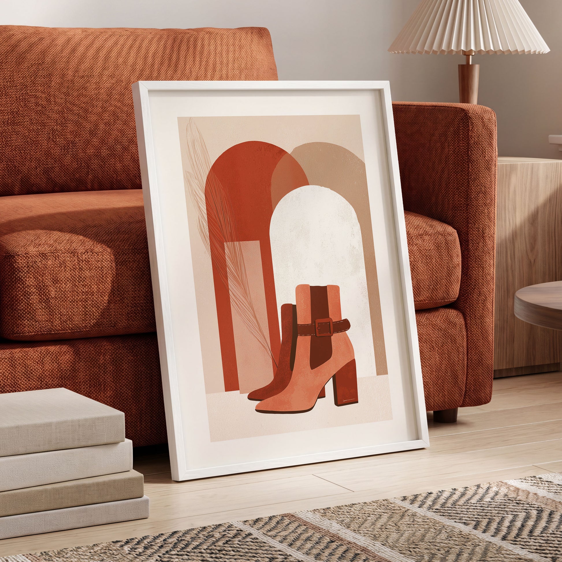 Terracotta Stride, beige, brown, orange minimalist wall art displayed in a styled interior, gallery view 6