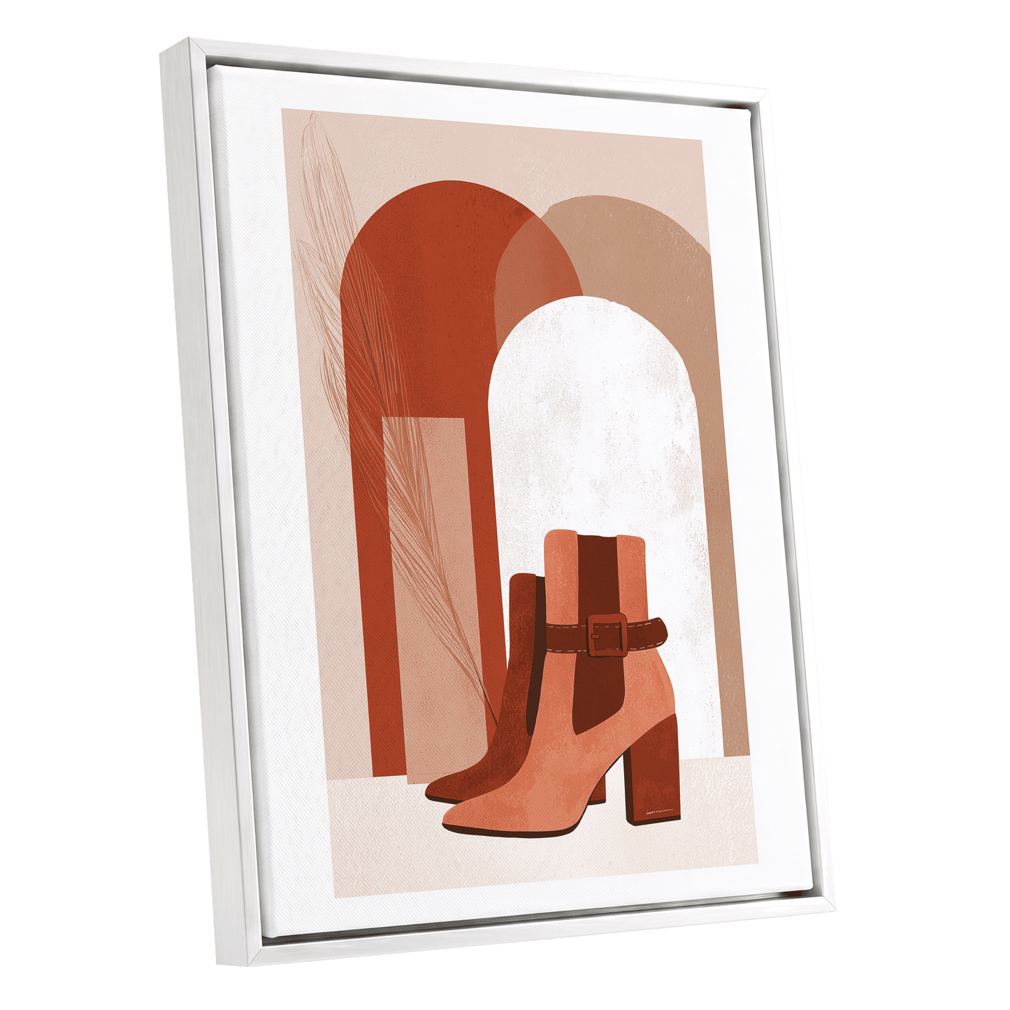 Terracotta Stride, beige, brown, orange minimalist wall art shown as a white framed canvas wall art