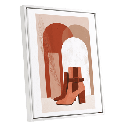 Terracotta Stride, beige, brown, orange minimalist wall art shown as a white framed canvas wall art
