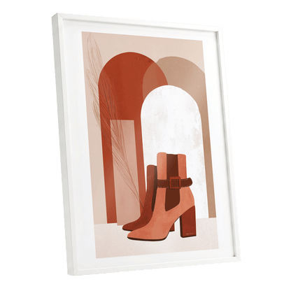 Terracotta Stride, beige, brown, orange minimalist wall art shown as a white framed poster wall art print