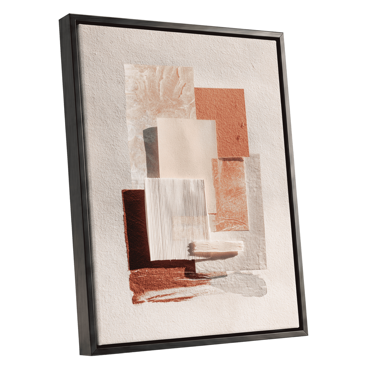 Terracotta Tactility, beige, white, orange abstract wall art shown as a black framed canvas wall art
