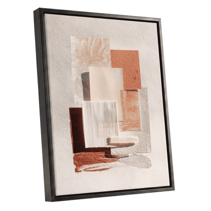 Terracotta Tactility, beige, white, orange abstract wall art shown as a black framed canvas wall art