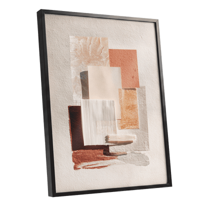Terracotta Tactility, beige, white, orange abstract wall art shown as a black framed poster wall art print