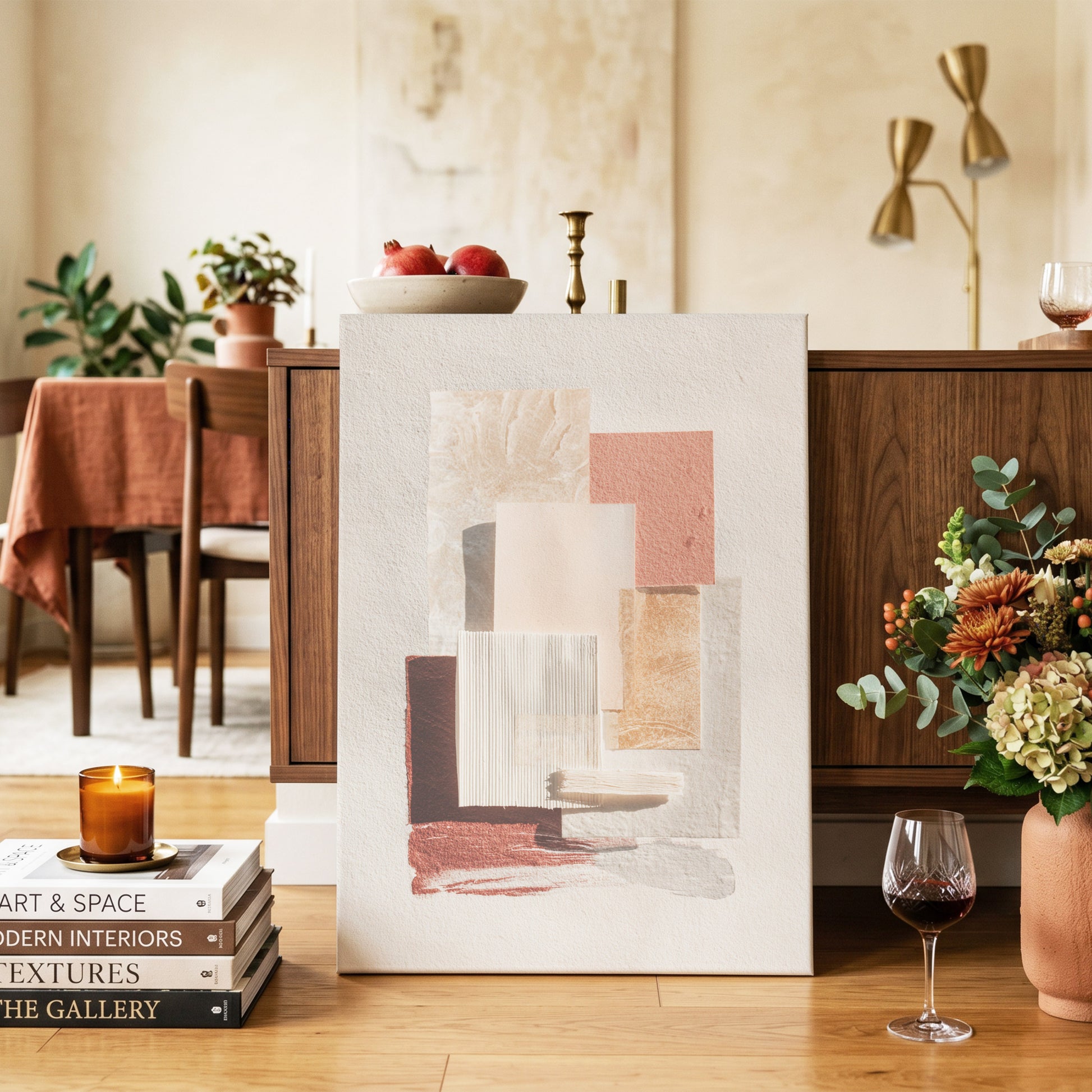Terracotta Tactility, beige, white, orange abstract wall art on canvas displayed in a styled interior, gallery view 2
