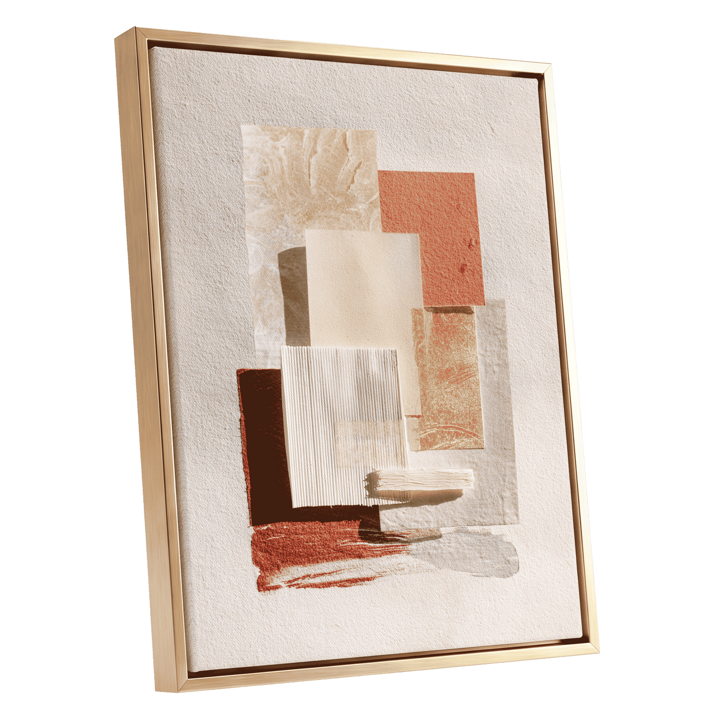 Terracotta Tactility, beige, white, orange abstract wall art shown as a gold framed canvas wall art