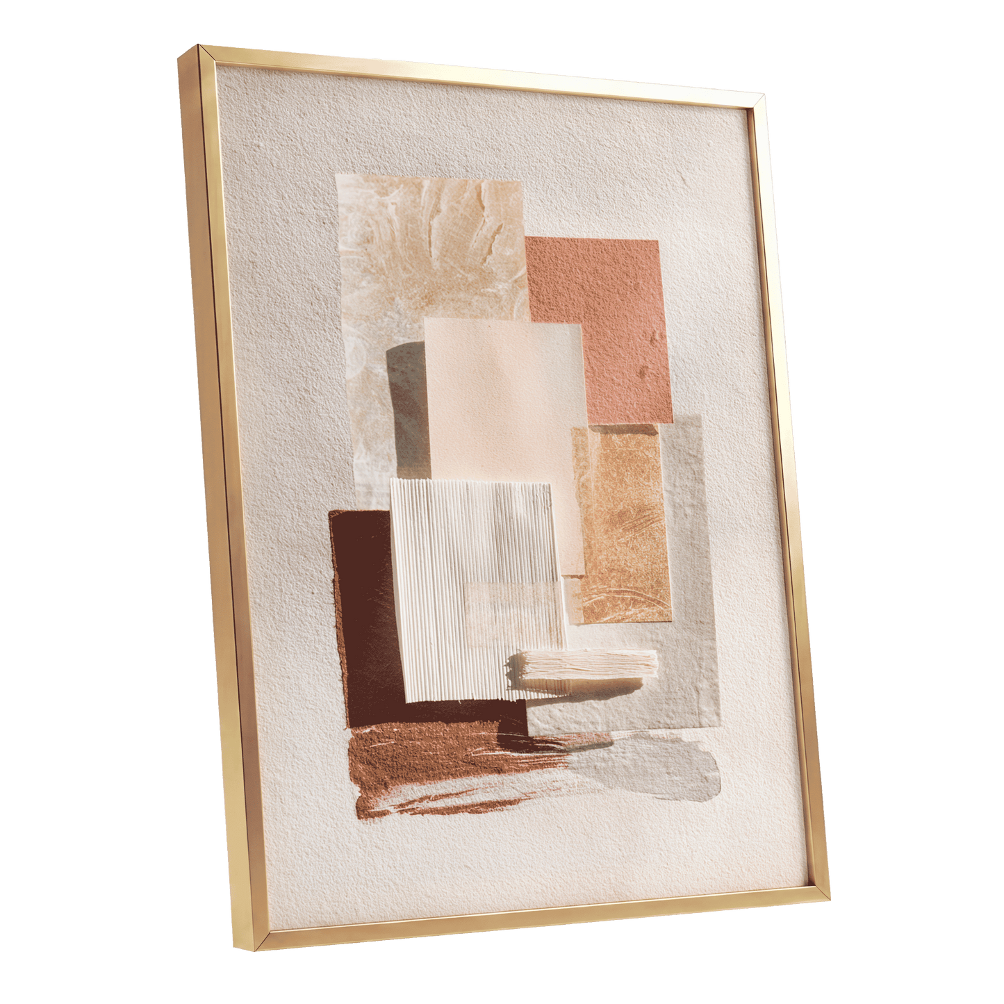 Terracotta Tactility, beige, white, orange abstract wall art shown as a gold framed poster wall art print