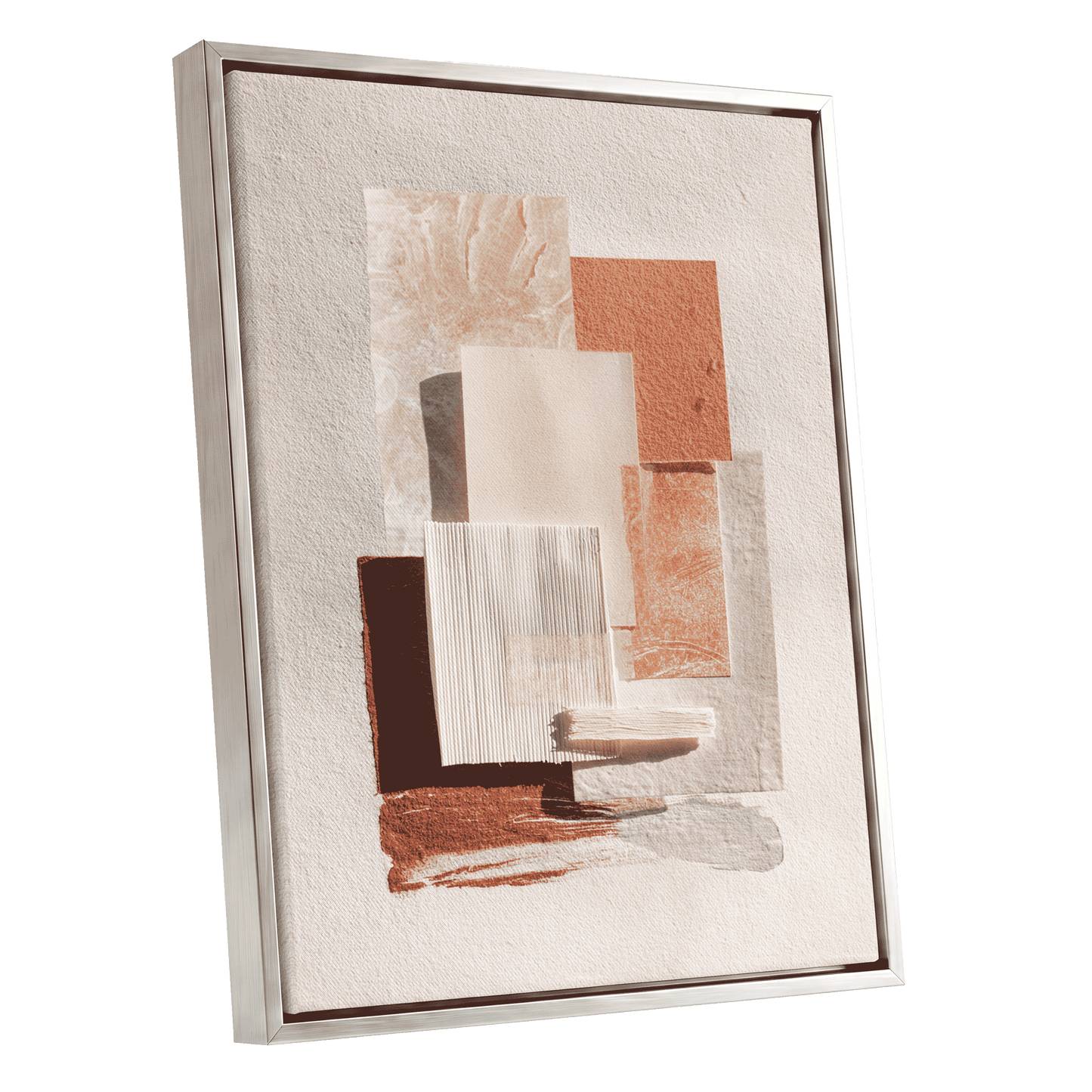 Terracotta Tactility, beige, white, orange abstract wall art shown as a silver framed canvas wall art