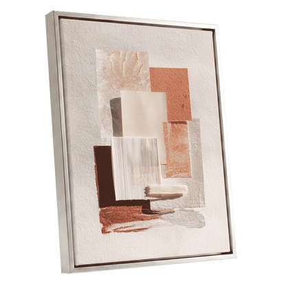 Terracotta Tactility, beige, white, orange abstract wall art shown as a silver framed canvas wall art