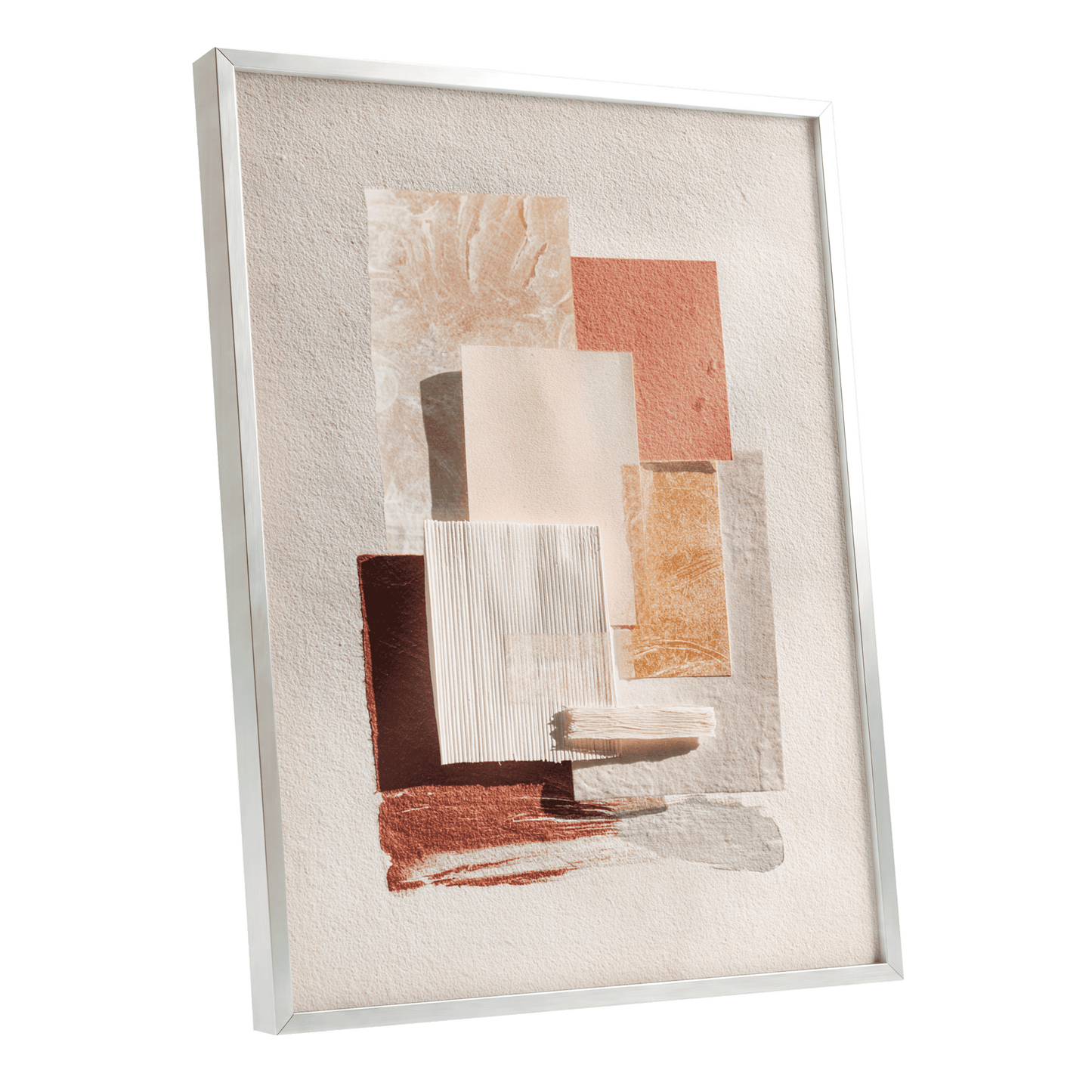 Terracotta Tactility, beige, white, orange abstract wall art shown as a silver framed poster wall art print