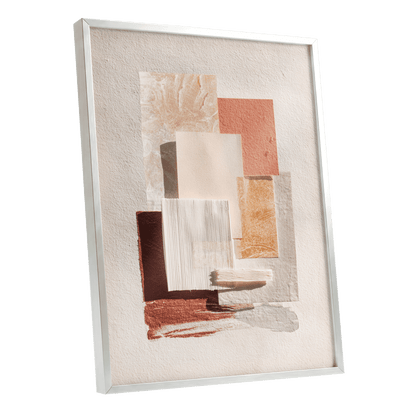 Terracotta Tactility, beige, white, orange abstract wall art shown as a silver framed poster wall art print