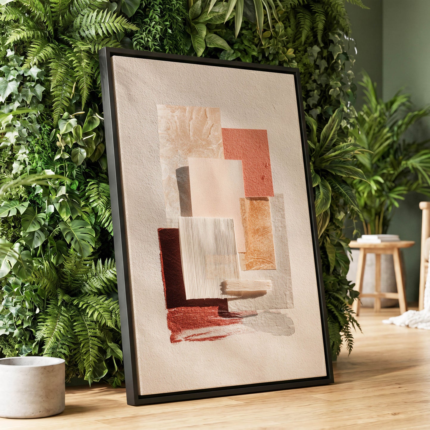 Terracotta Tactility, beige, white, orange abstract wall art displayed in a styled interior, gallery view 1
