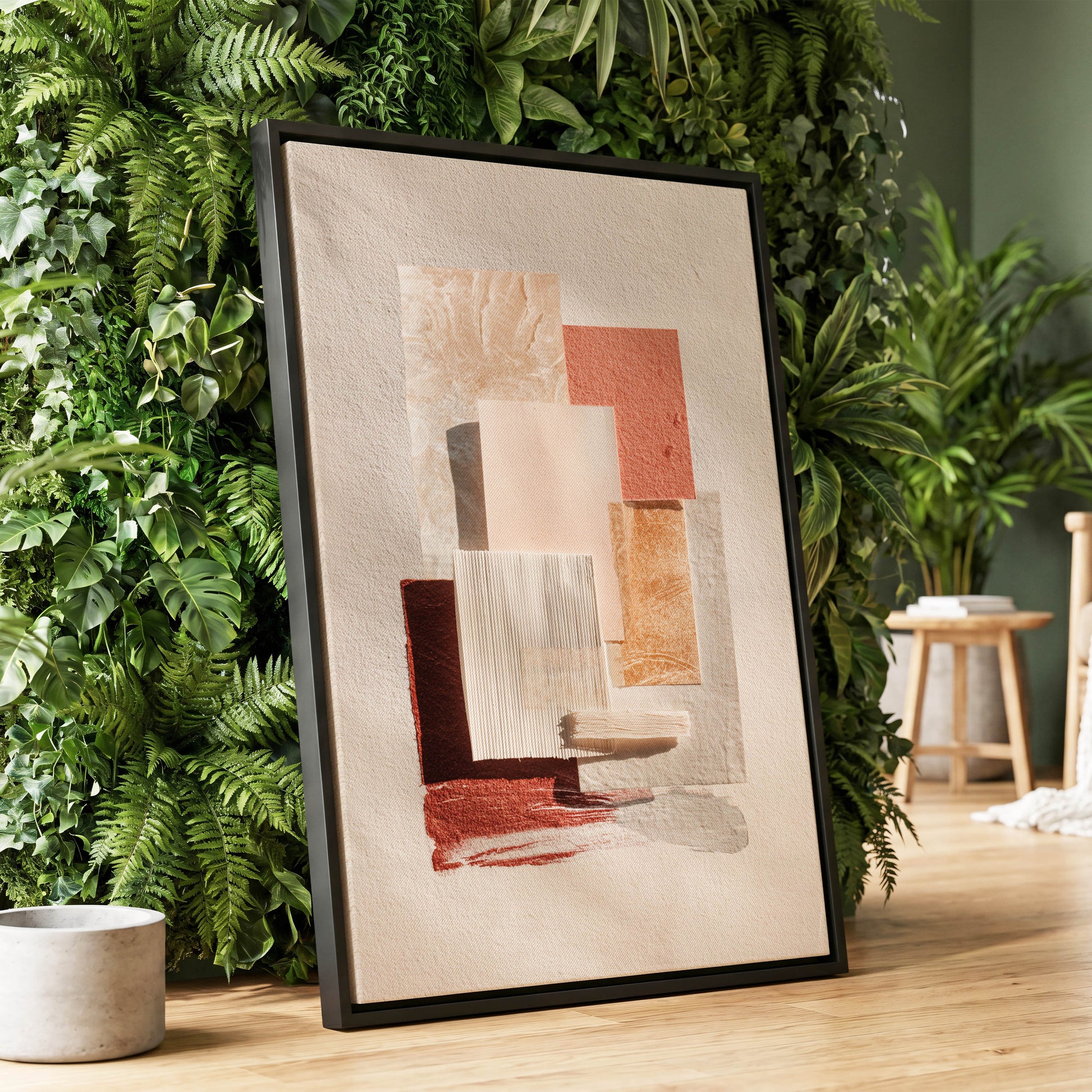 Terracotta Tactility, beige, white, orange abstract wall art displayed in a styled interior, gallery view 1