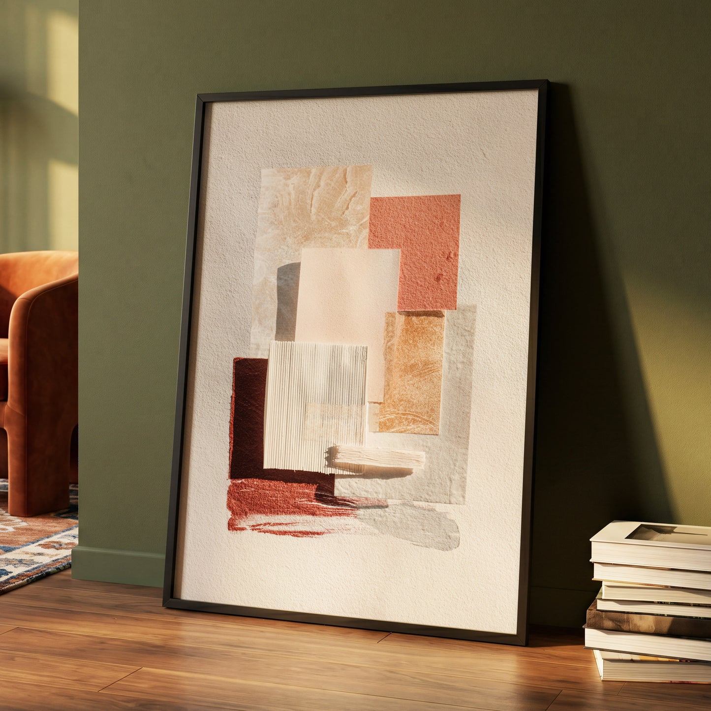 Terracotta Tactility, beige, white, orange abstract wall art displayed in a styled interior, gallery view 4