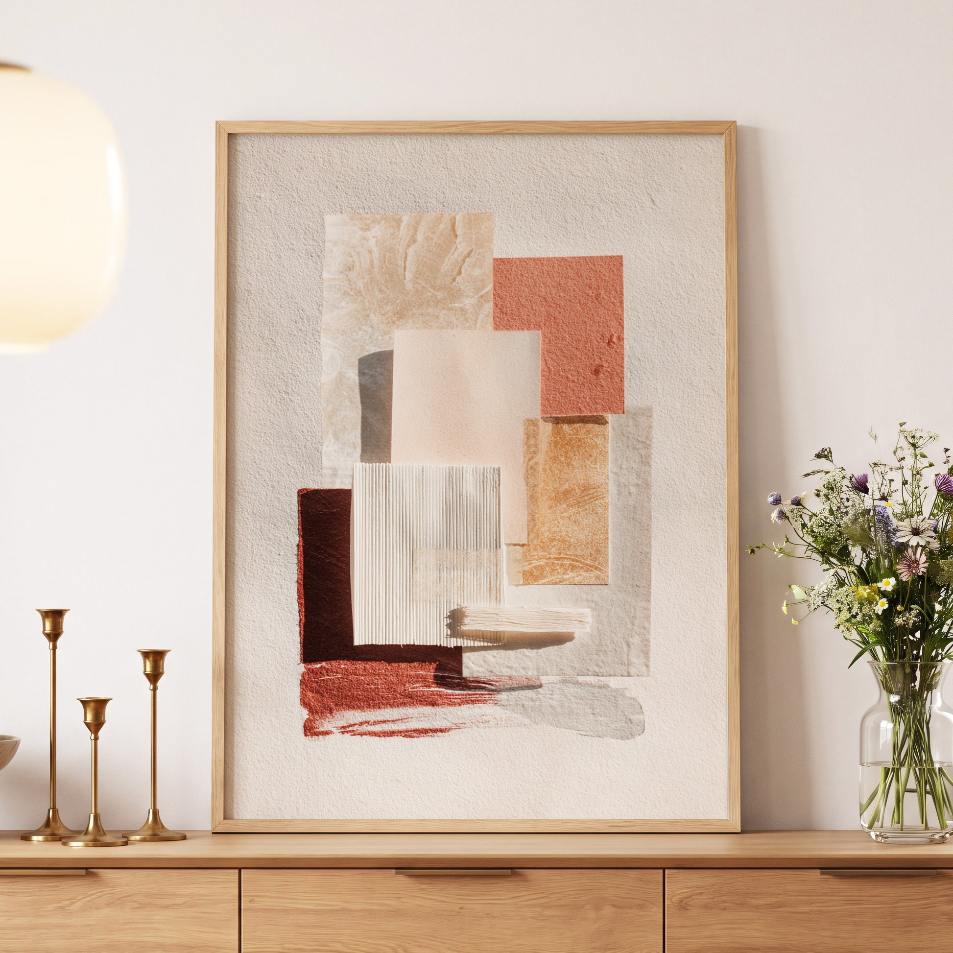 Terracotta Tactility, beige, white, orange abstract wall art displayed in a styled interior, gallery view 5