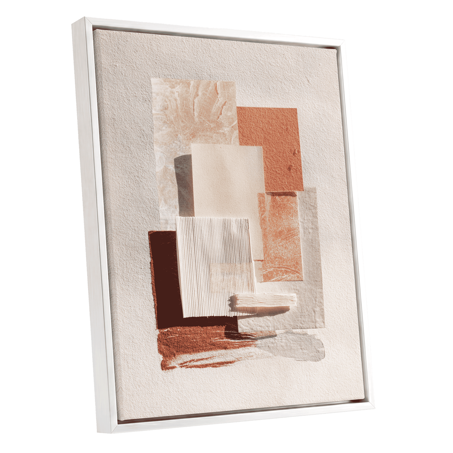 Terracotta Tactility, beige, white, orange abstract wall art shown as a white framed canvas wall art
